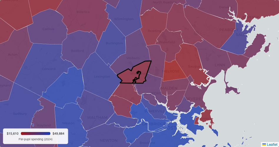 Massachusetts per-pupil spending map with Winchester highlighted